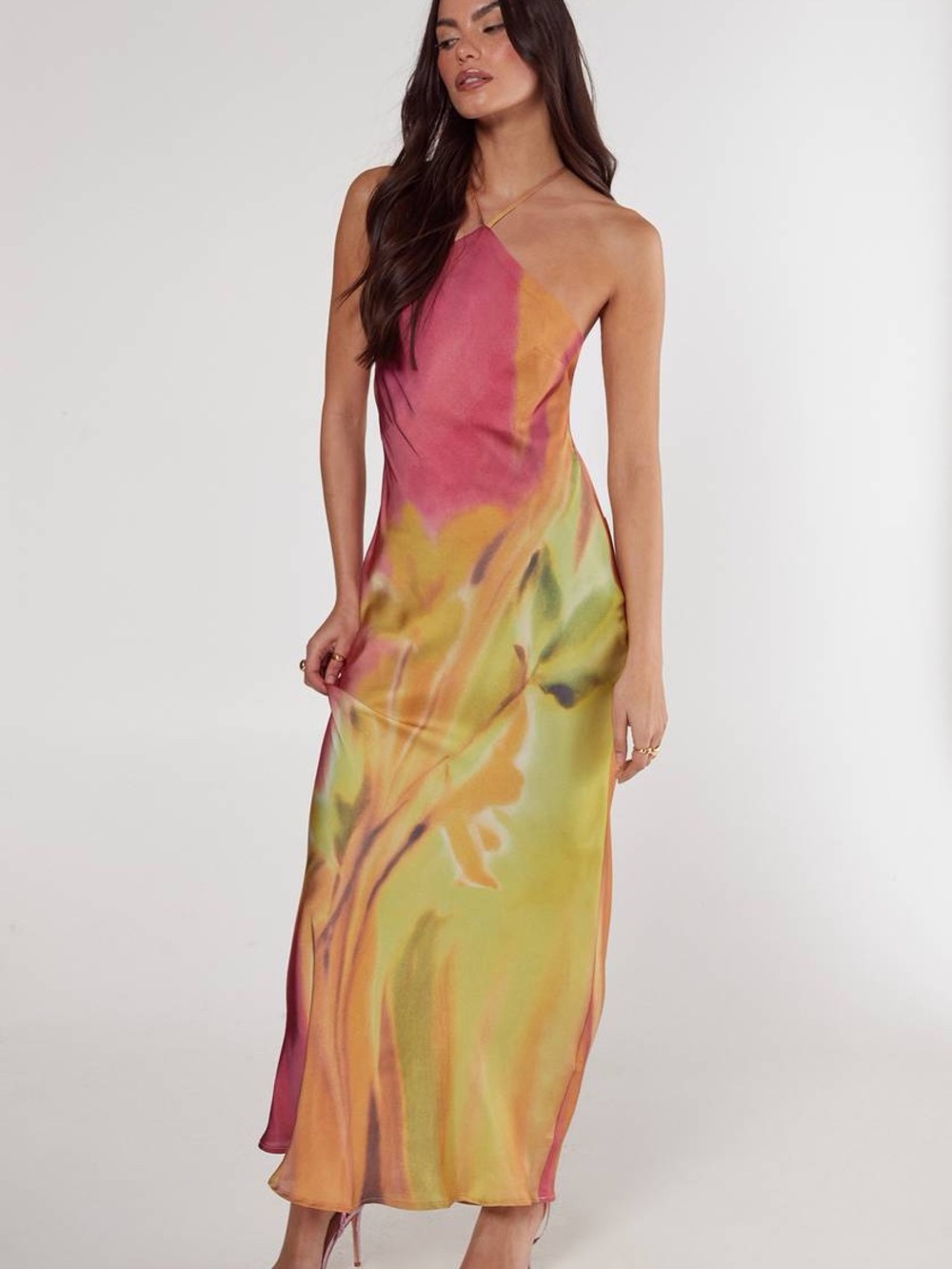Nasty Gal Satin Floral Ombre Halter Cowl Back Maxi Dress | US 4 - Picture 2 of 7